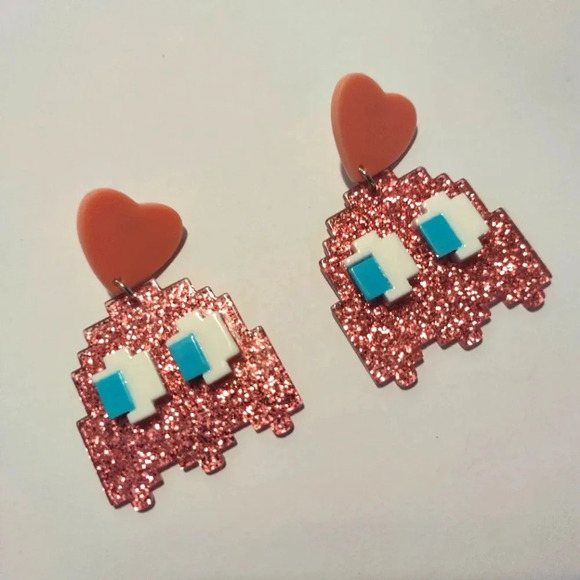 Glittery Pink Ghost Dangle Earrings (Pacman Style) - Picture 7 of 8